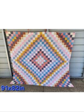 Vintage Amish Made Quilt Topper Handmade Used 91x82in Vivid Color